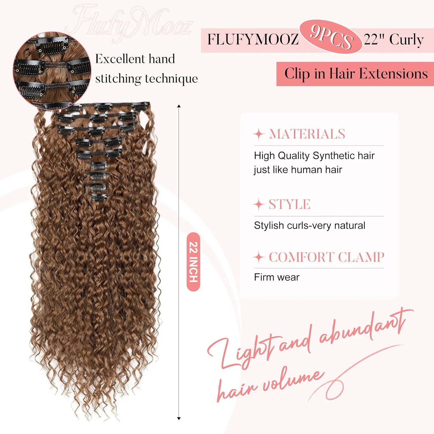 FLUFYMOOZ 9PCS Clip in Hair Extensions 22 Inch Curly Hair Extension Long Soft Synthetic Hairpieces for Women (Chestnut Brown)