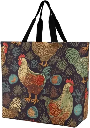 Foldable Grocery Bag Reusable Shopping Bag Chicken Print Tote Bag Casual Handbags for Work Shopping