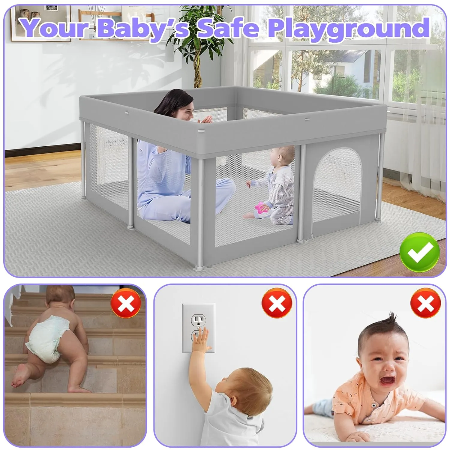 Foldable Playpen for Babies and Toddlers, 50"×50" Portable Playard with Carry Bag & 50 Ball Pit Balls, Indoor & Outdoor Baby Fence with Thick Mesh, No Assembly Required, Grey