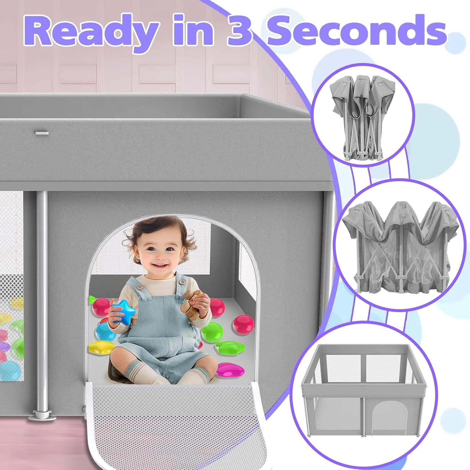 Foldable Playpen for Babies and Toddlers, 50"×50" Portable Playard with Carry Bag & 50 Ball Pit Balls, Indoor & Outdoor Baby Fence with Thick Mesh, No Assembly Required, Grey