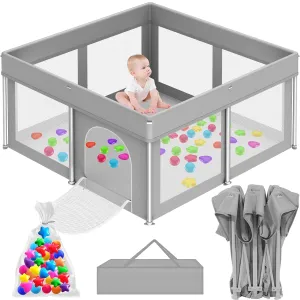 Foldable Playpen for Babies and Toddlers, 50"×50" Portable Playard with Carry Bag & 50 Ball Pit Balls, Indoor & Outdoor Baby Fence with Thick Mesh, No Assembly Required, Grey