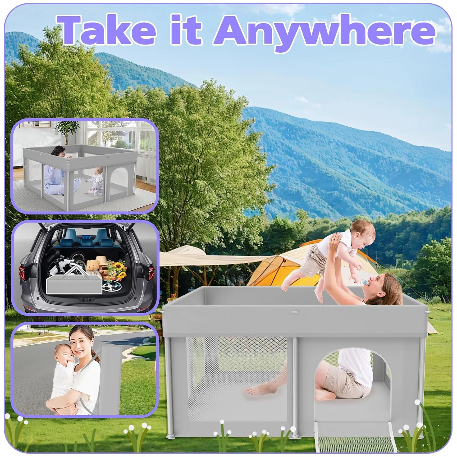 Foldable Playpen for Babies and Toddlers, 50"×50" Portable Playard with Carry Bag & 50 Ball Pit Balls, Indoor & Outdoor Baby Fence with Thick Mesh, No Assembly Required, Grey