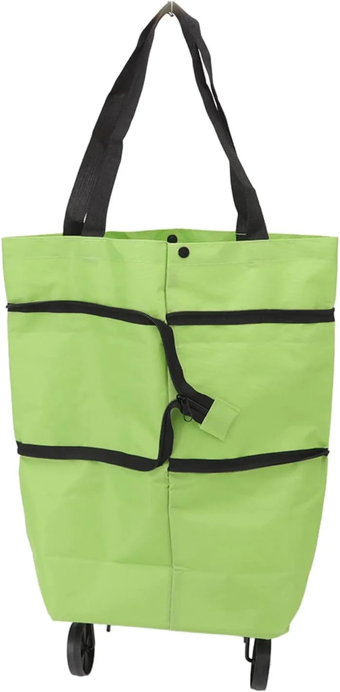 Foldable Shopping Cart Folding Shopping Bag Green Portable Hand Held Collapsible Sundries Bag Wheeled Folding Shopping Cart Collapsible Food Bag with Wheels (Green)