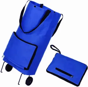 Foldable Shopping Cart Folding Shopping Bag Portable Hand-held Collapsible Sundries Bag Wheeled Folding Shopping Cart with Wheels Blue
