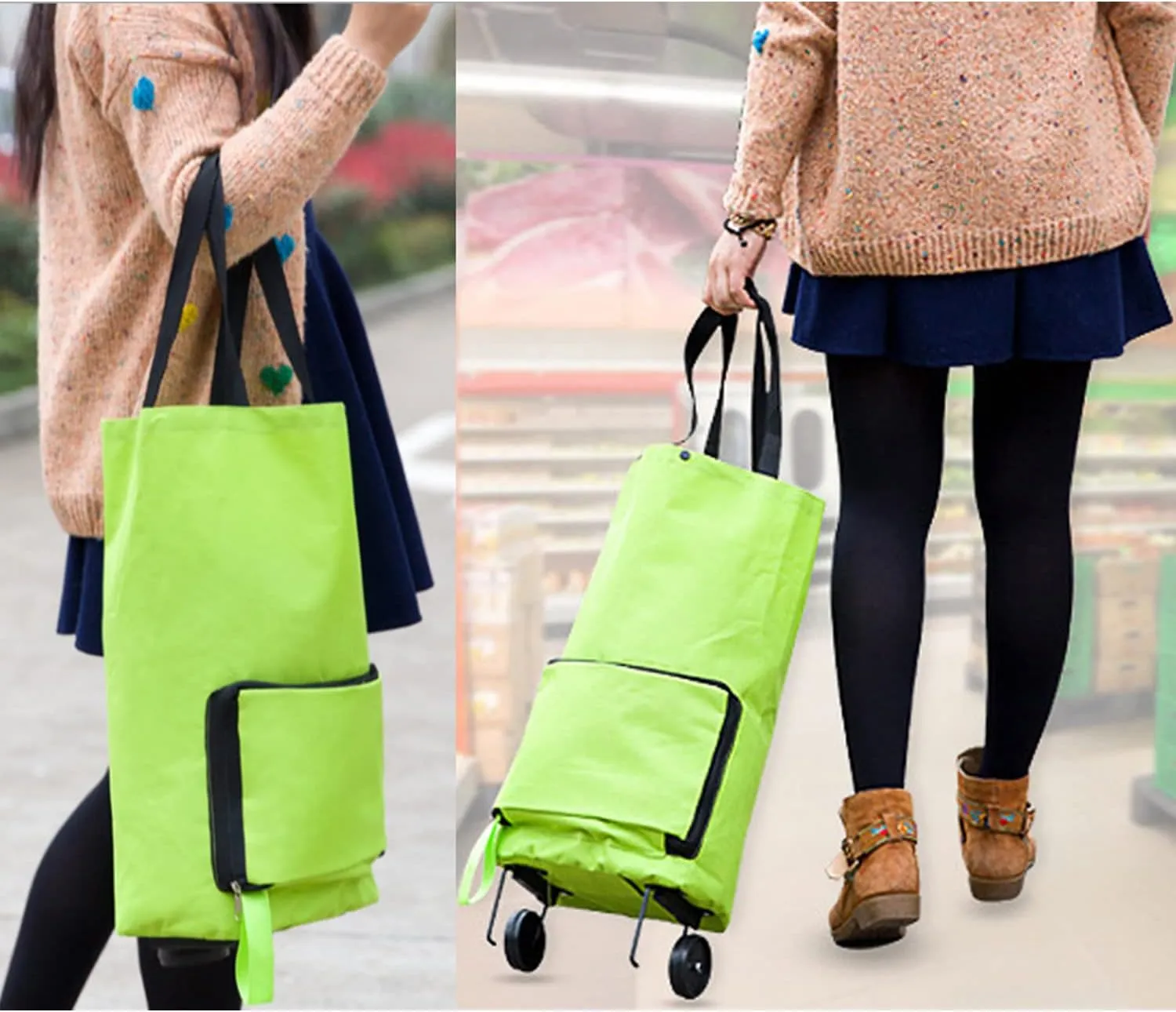 Foldable Shopping Cart Folding Shopping Bag Portable Hand-held Collapsible Sundries Bag Wheeled Folding Shopping Cart with Wheels red