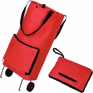 Foldable Shopping Cart Folding Shopping Bag Portable Hand-held Collapsible Sundries Bag Wheeled Folding Shopping Cart with Wheels red