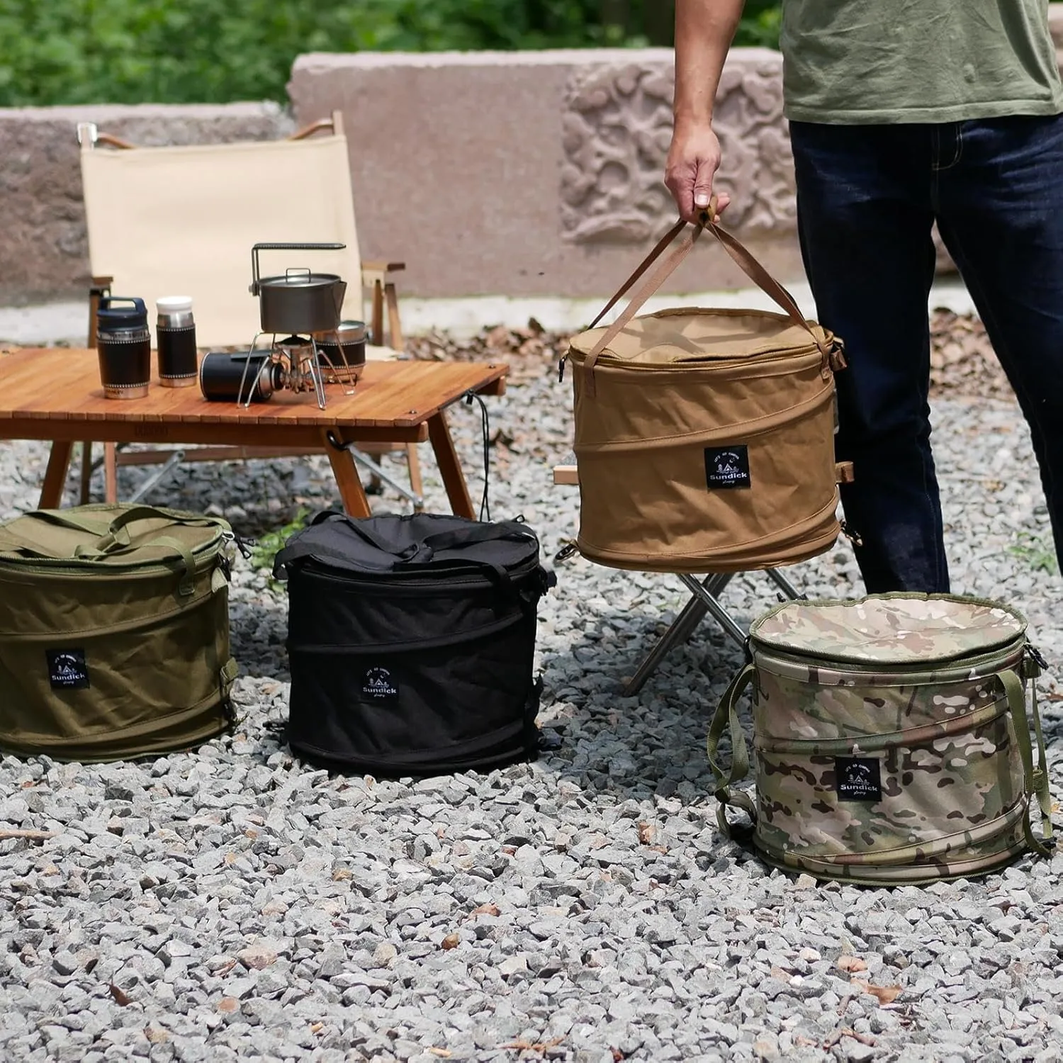 Foldable Trash Container for Camping and Outdoor Use, Black Camo