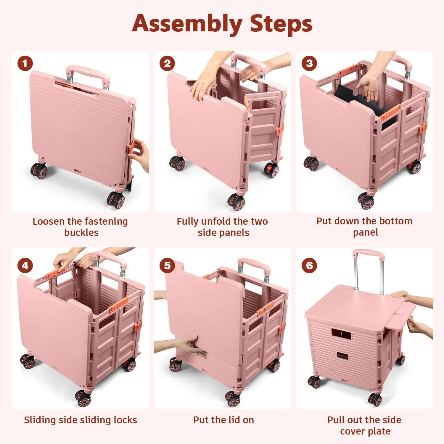 Foldable Utility Cart Collapsible Portable Crate Rolling Carts with Wheels Tote Basket with Magnetic Lid Telescopic Cover Wear-Resistant 360°Rotate Wheel Noiseless for Shopping Storage Office Use
