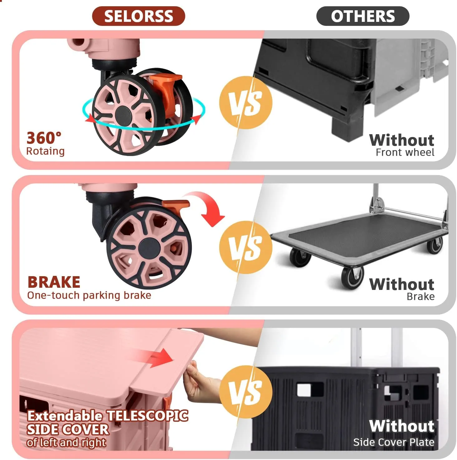 Foldable Utility Cart Collapsible Portable Crate Rolling Carts with Wheels Tote Basket with Magnetic Lid Telescopic Cover Wear-Resistant 360°Rotate Wheel Noiseless for Shopping Storage Office Use