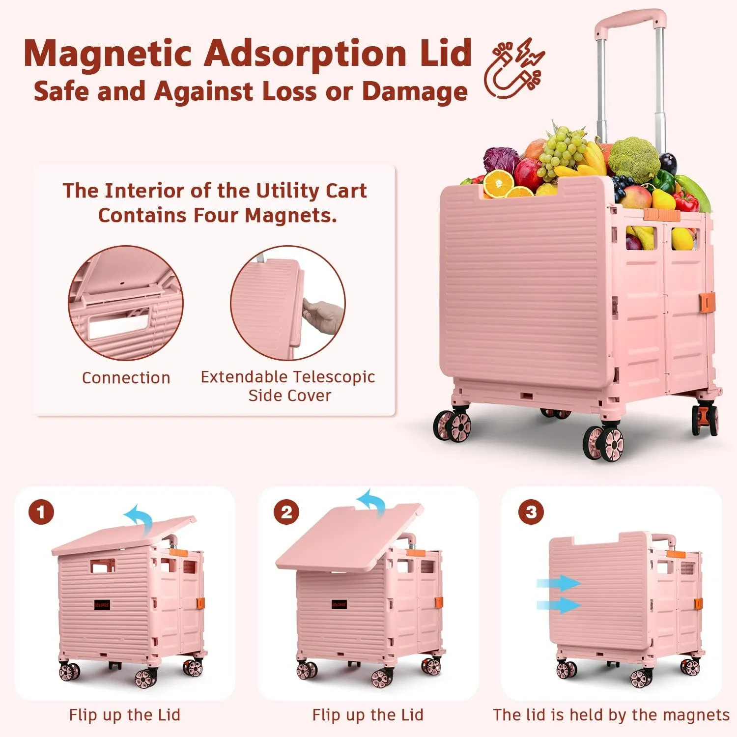 Foldable Utility Cart Collapsible Portable Crate Rolling Carts with Wheels Tote Basket with Magnetic Lid Telescopic Cover Wear-Resistant 360°Rotate Wheel Noiseless for Shopping Storage Office Use