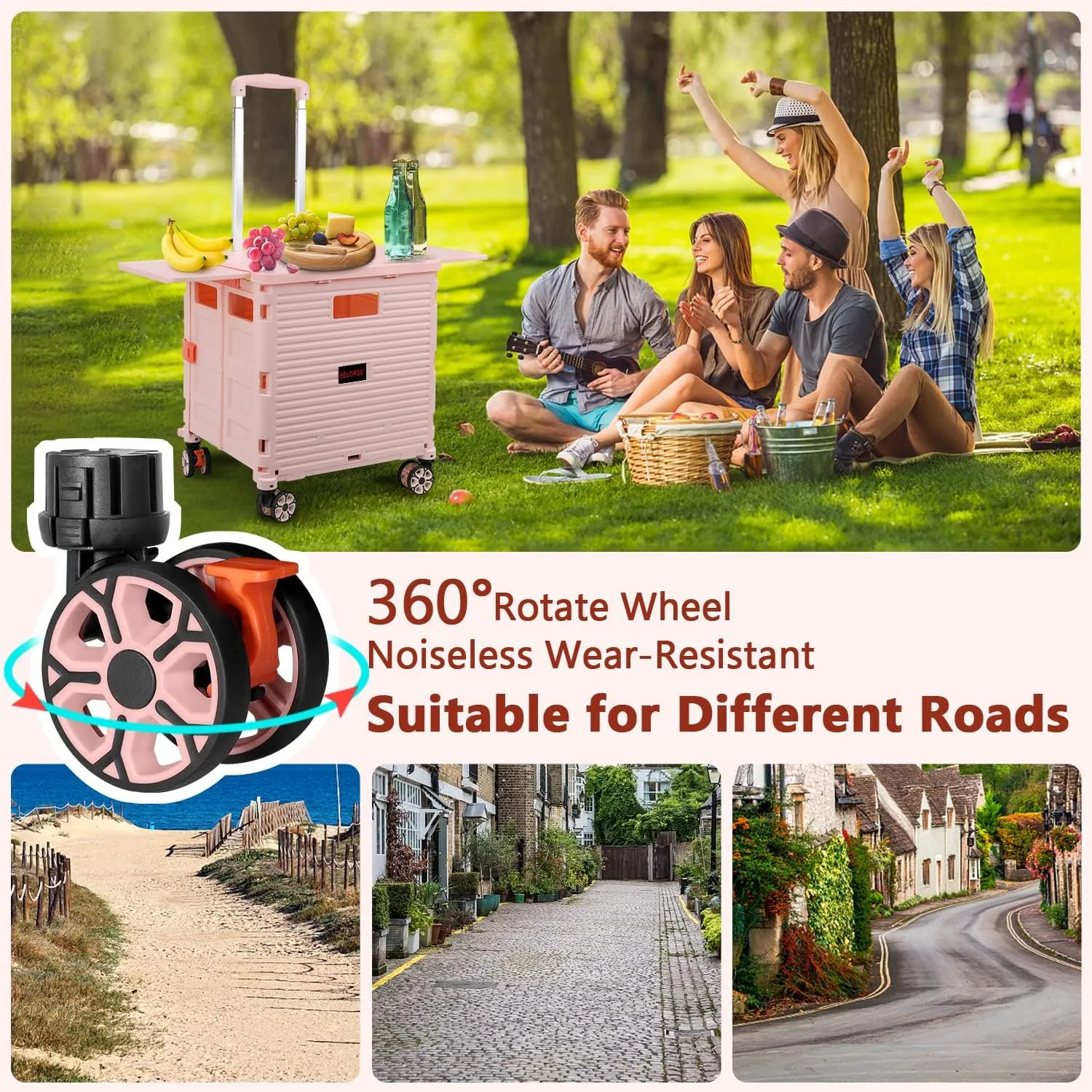 Foldable Utility Cart Collapsible Portable Crate Rolling Carts with Wheels Tote Basket with Magnetic Lid Telescopic Cover Wear-Resistant 360°Rotate Wheel Noiseless for Shopping Storage Office Use