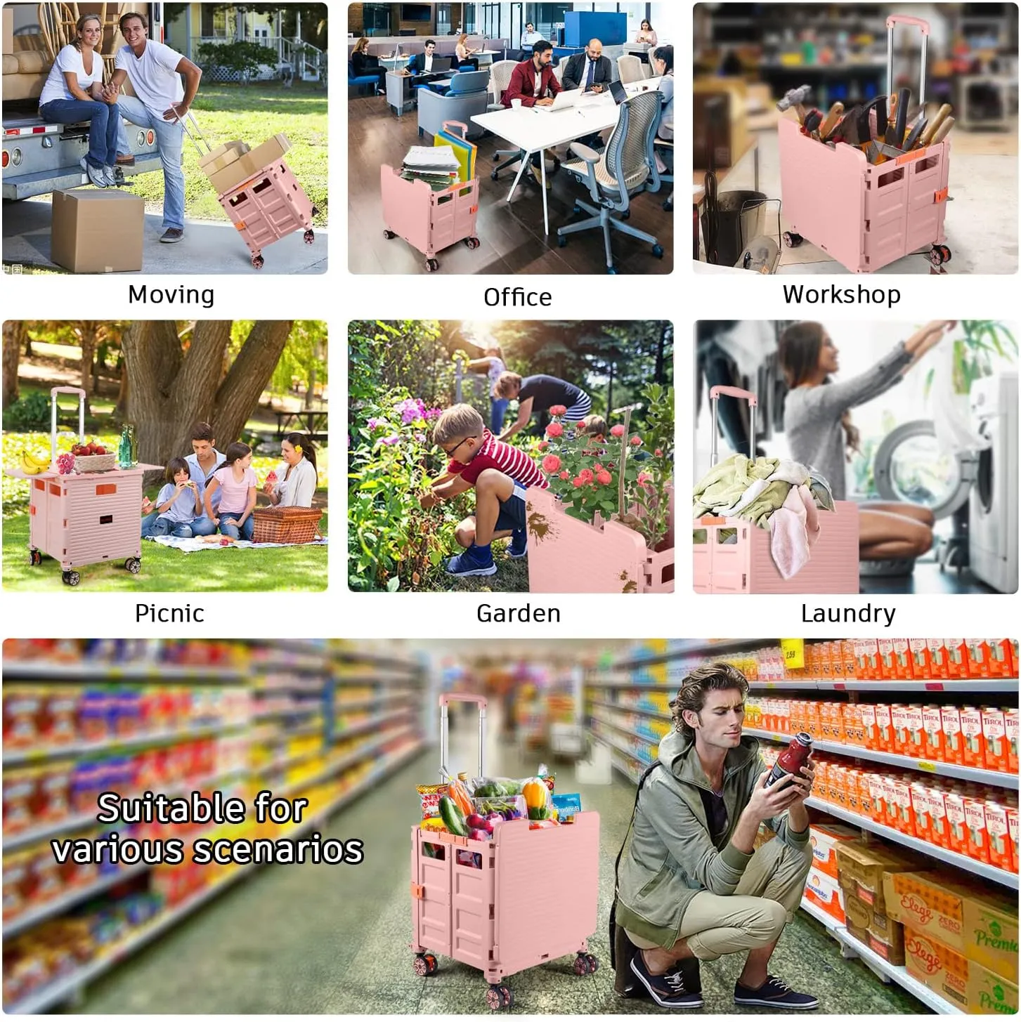 Foldable Utility Cart Collapsible Portable Crate Rolling Carts with Wheels Tote Basket with Magnetic Lid Telescopic Cover Wear-Resistant 360°Rotate Wheel Noiseless for Shopping Storage Office Use