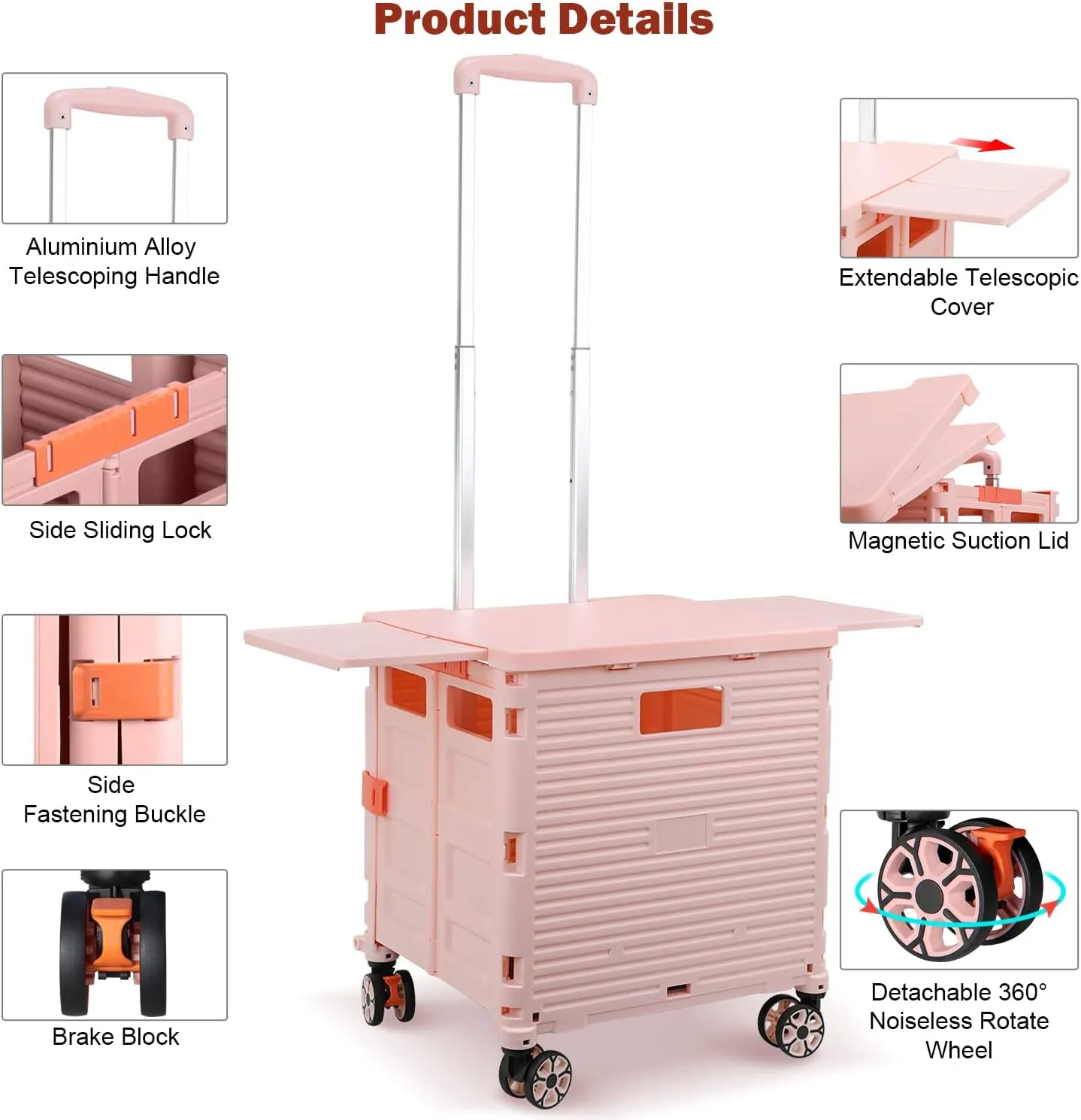 Foldable Utility Cart Collapsible Portable Crate Rolling Carts with Wheels Tote Basket with Magnetic Lid Telescopic Cover Wear-Resistant 360°Rotate Wheel Noiseless for Shopping Storage Office Use