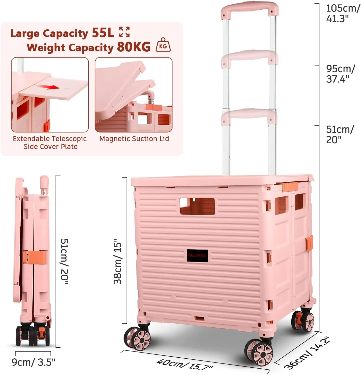 Foldable Utility Cart Collapsible Portable Crate Rolling Carts with Wheels Tote Basket with Magnetic Lid Telescopic Cover Wear-Resistant 360°Rotate Wheel Noiseless for Shopping Storage Office Use
