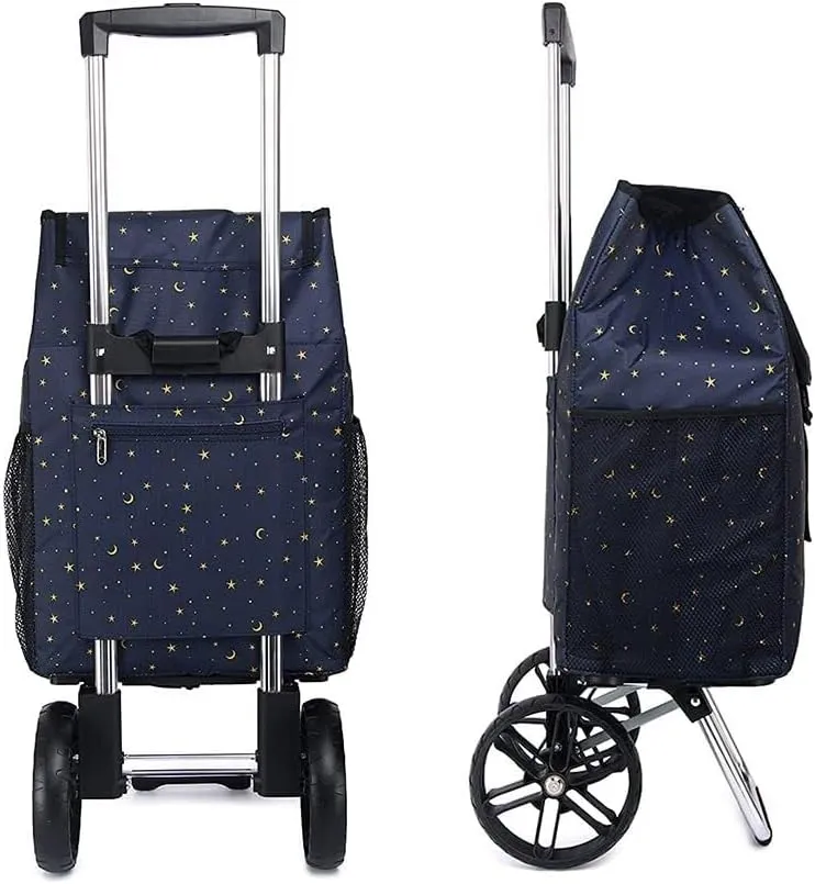 Folding Shopping Cart, Foldable Shopping Trolley On 2 Wheels Aluminum Alloy Detachable Bag Shopping Cart with Cooling Compartment Keep Cold Grocery Utility Carts(A)