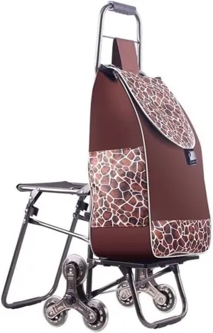 Folding Shopping Cart, Foldable Shopping Trolley with Seat Stair Climbing Shopping Travel Grocery Cart with Wheel Oxford Cloth Shopping Bag Grocery Utility Carts(Brown)