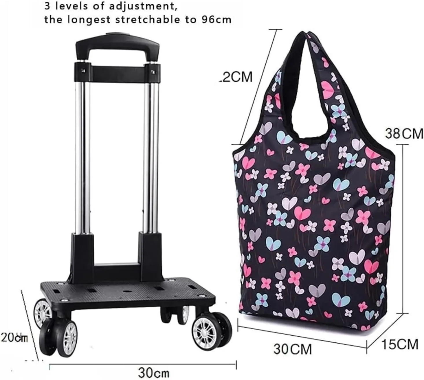 Folding Shopping Cart, Trolley Foldable Aluminum Alloy Shopping Cart Bag Detachable Heavy Duty 4 Wheels Trolley Bag Portable 2-in-1 Grocery Utility Carts(Black)