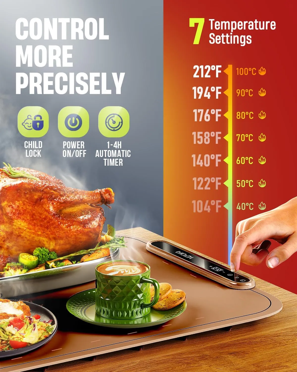 Food Warming Mat for Buffet, VEPOKA Food Warming Mats for Countertop, Silicone Heating Mat with 7 Temperature Levels& Auto Shut-Off, Food Warmers for Parties, Gatherings, Everyday Use