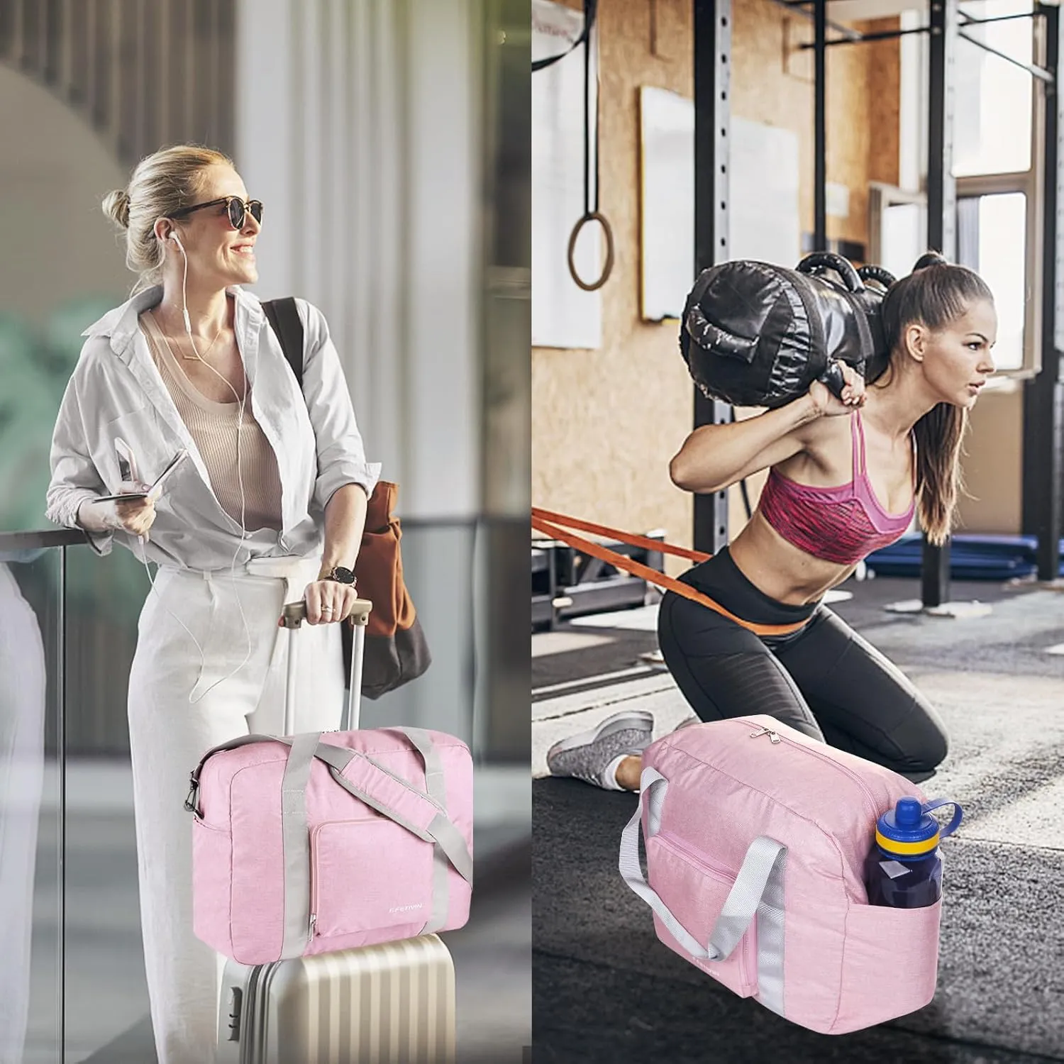 For Spirit Airlines Personal Item Bag 18x14x8 Foldable Travel Duffel Bag Underseat Carry-on Luggage for Women and men 30L(Pink)