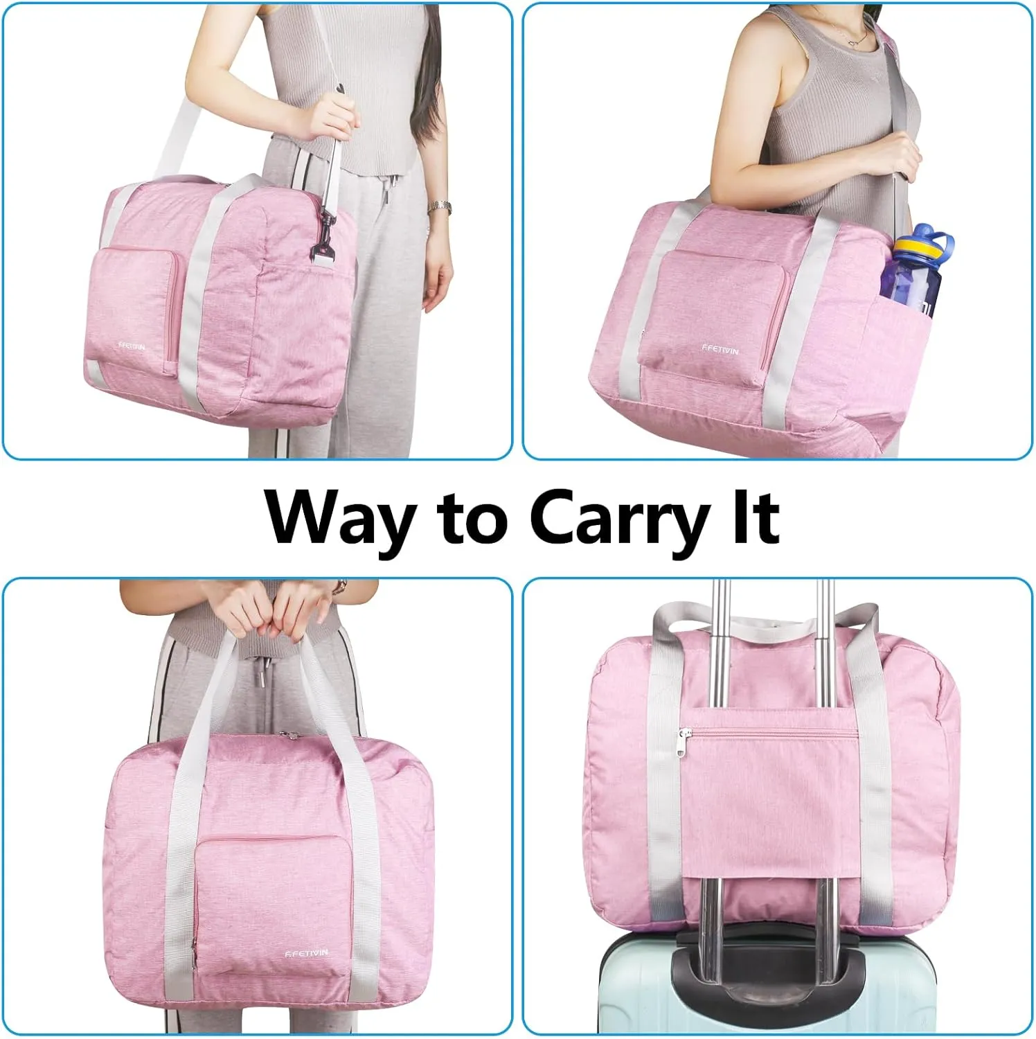For Spirit Airlines Personal Item Bag 18x14x8 Foldable Travel Duffel Bag Underseat Carry-on Luggage for Women and men 30L(Pink)