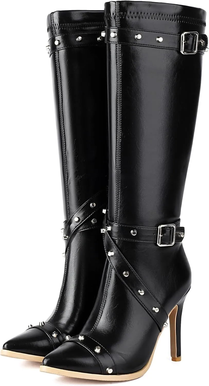 ForeMode Women's Goth Leather Block Heel Ankle Boots Fashion Studded Ankle Strap Trim Punk Boots