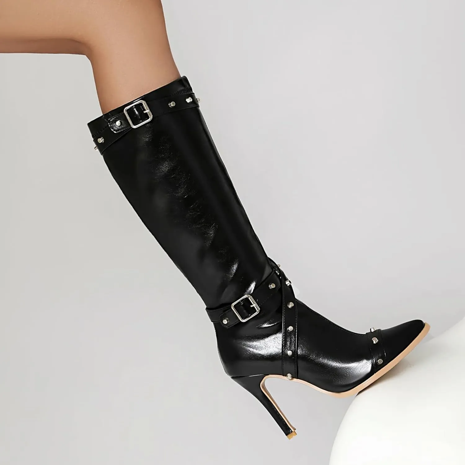 ForeMode Women's Goth Leather Block Heel Ankle Boots Fashion Studded Ankle Strap Trim Punk Boots