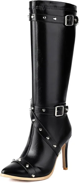 ForeMode Women's Goth Leather Block Heel Ankle Boots Fashion Studded Ankle Strap Trim Punk Boots