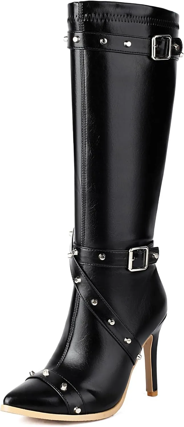 ForeMode Women's Goth Leather Block Heel Ankle Boots Fashion Studded Ankle Strap Trim Punk Boots