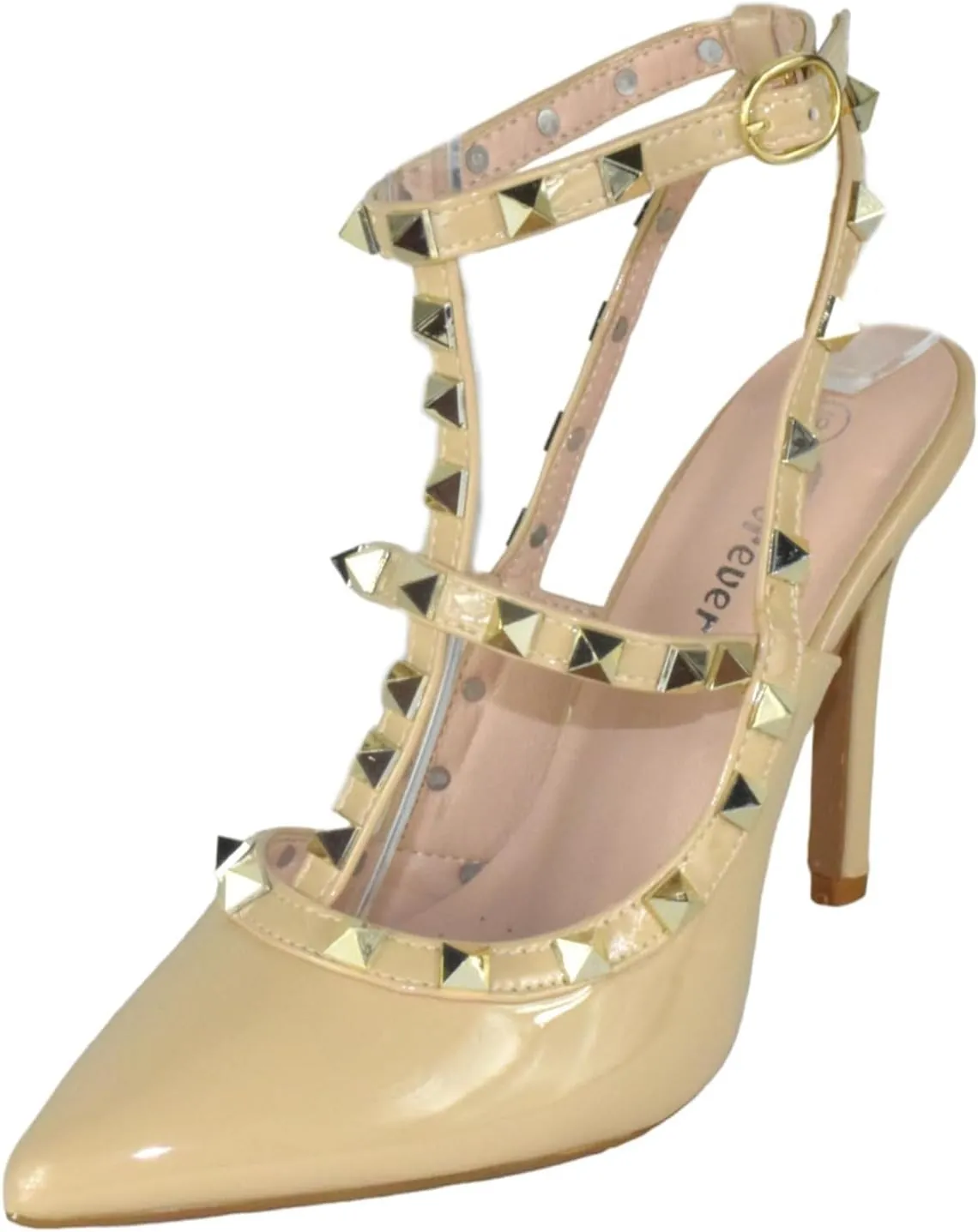 Forever Shoes Women Stiletto High Heels Pointy Toe Studded Pumps Ankle Strap Two Tone Biege Gold Accent STUDS-03