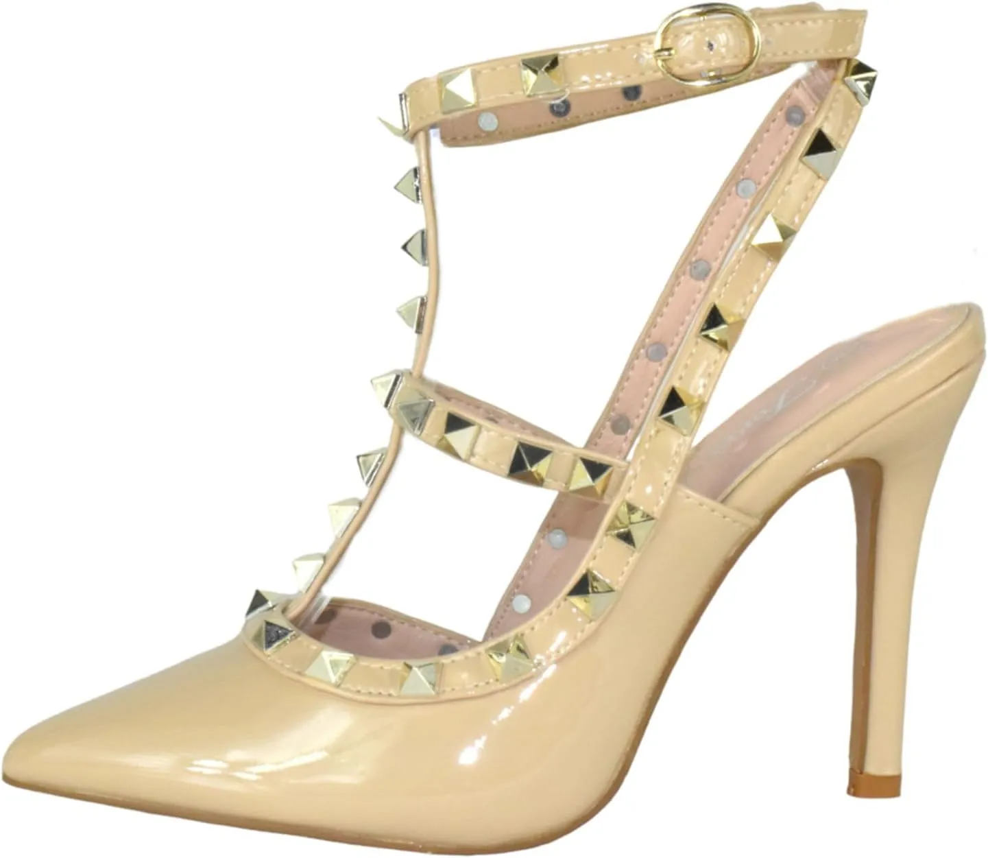 Forever Shoes Women Stiletto High Heels Pointy Toe Studded Pumps Ankle Strap Two Tone Biege Gold Accent STUDS-03