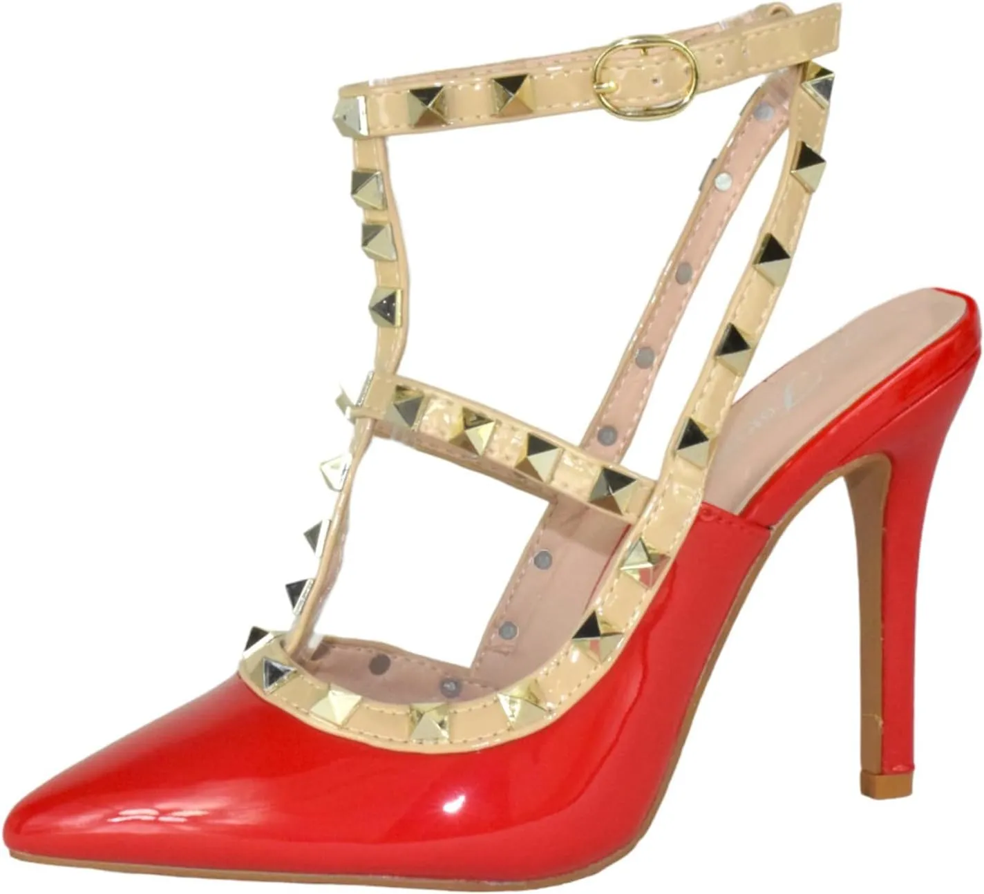 Forever Shoes Women Stiletto High Heels Pointy Toe Studded Pumps Ankle Strap Two Tone Biege Gold Accent STUDS-03