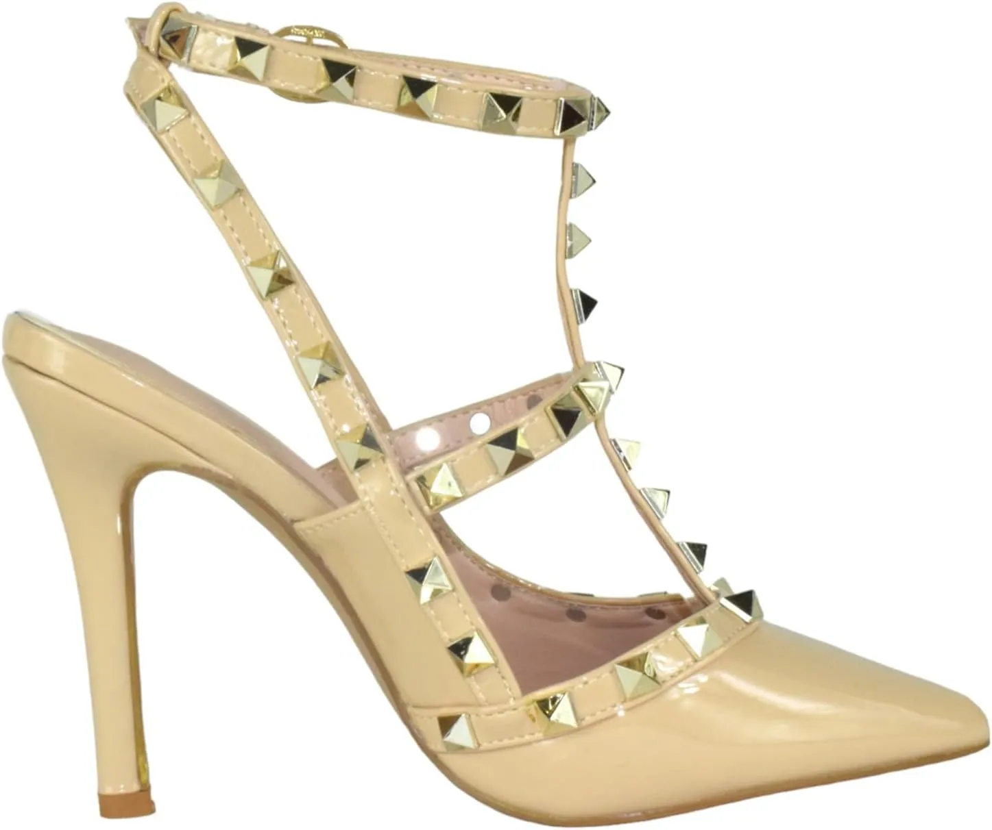 Forever Shoes Women Stiletto High Heels Pointy Toe Studded Pumps Ankle Strap Two Tone Biege Gold Accent STUDS-03