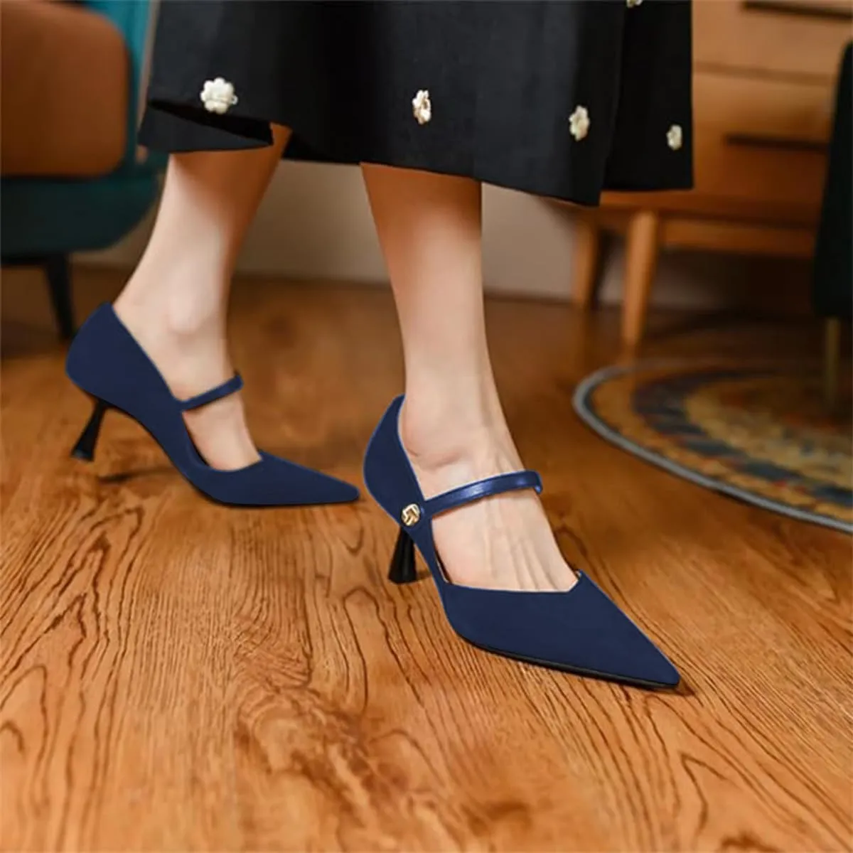 FOWT Chic Two Tone V-Cut Splicing Flared Heel Slip on Black Pumps for Women Convenient Metal Button Ankle Strap Mary Janes Heels Retro Pointed Toe Dress Party Evening Shoes, US Size 4-15 M