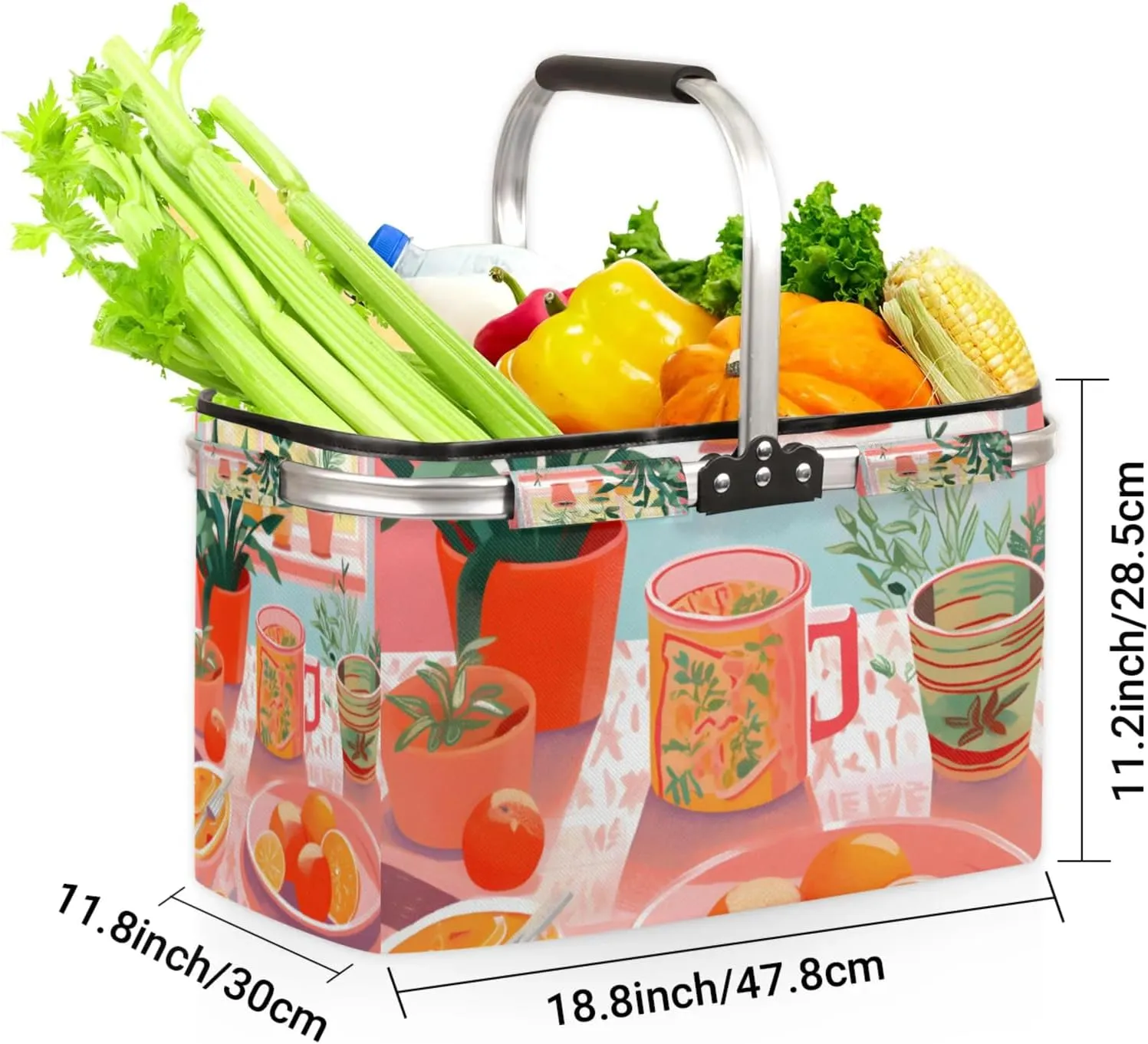 Fruit Dining Table Collapsible Shopping Basket Reusable Grocery Bag Large Leakproof Storage Bins Practical Inner Portable Market Basket with Handles Aluminum Frame for Picnic Travel 40 L
