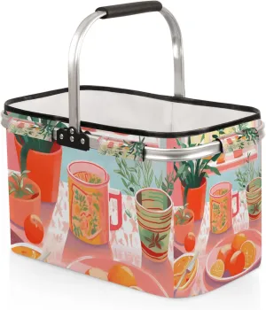 Fruit Dining Table Collapsible Shopping Basket Reusable Grocery Bag Large Leakproof Storage Bins Practical Inner Portable Market Basket with Handles Aluminum Frame for Picnic Travel 40 L