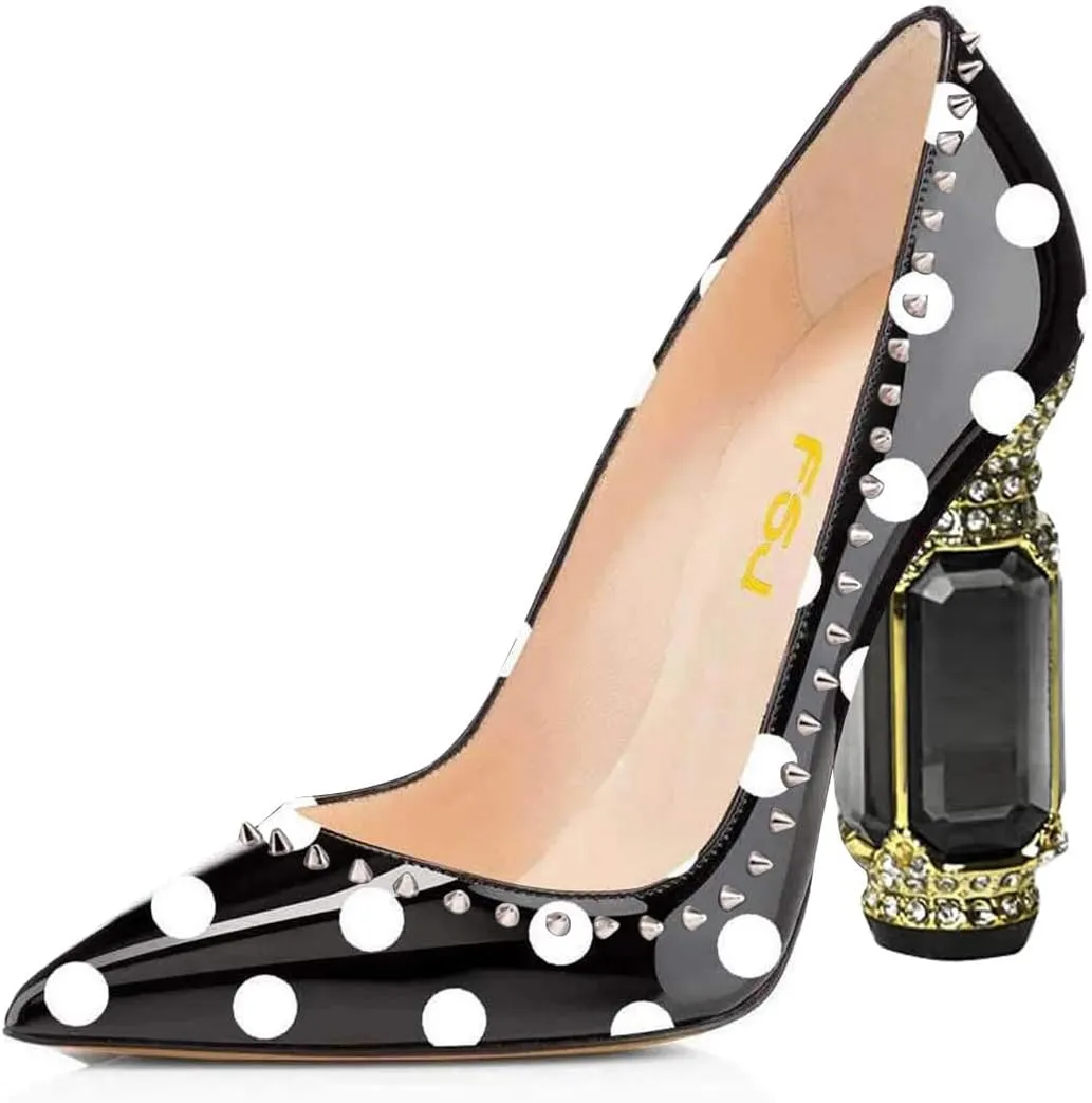 FSJ Women Bridal Pointed Toe Chunky Block High Heel Crystal Pumps Slip on Wedding Thick Comfort Evening Dress Studded Rivets Shoes Size 4-16 US