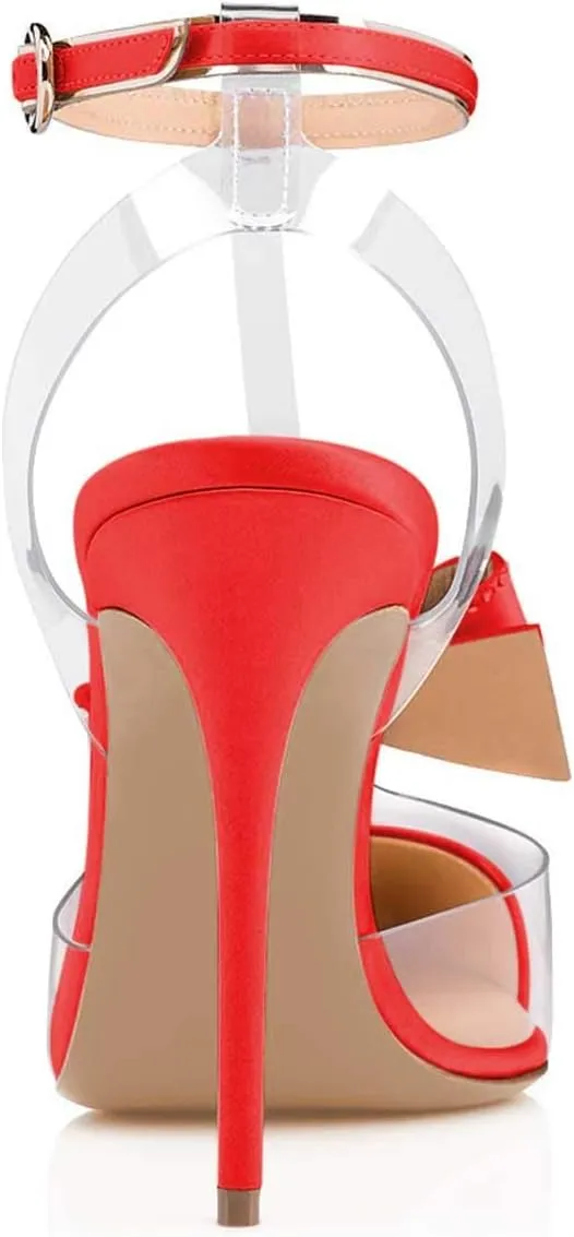 FSJ Women Clear T Strap Pointed Toe Stiletto High Heels Dress Pumps Sandals with Rhinestone Studded Bows Size 4-15 US