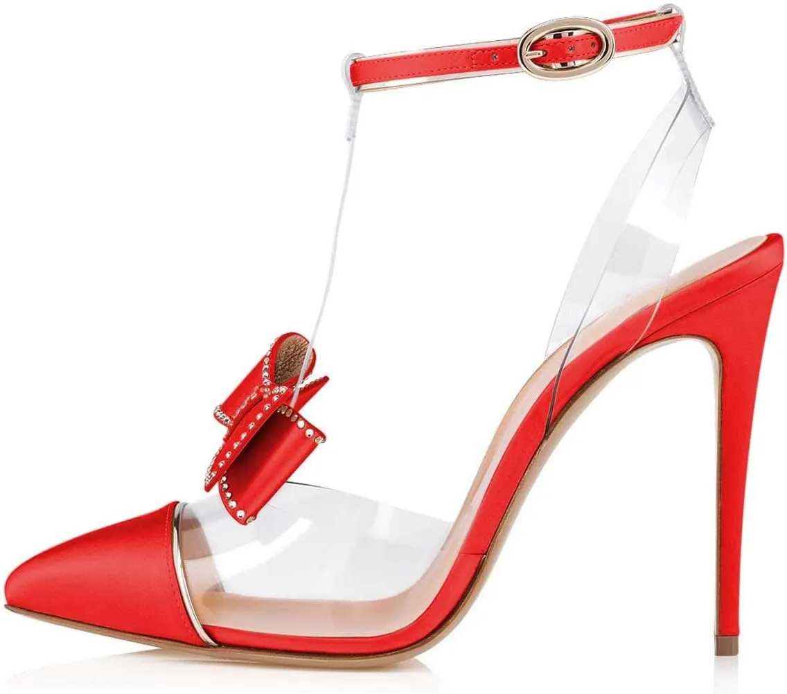 FSJ Women Clear T Strap Pointed Toe Stiletto High Heels Dress Pumps Sandals with Rhinestone Studded Bows Size 4-15 US