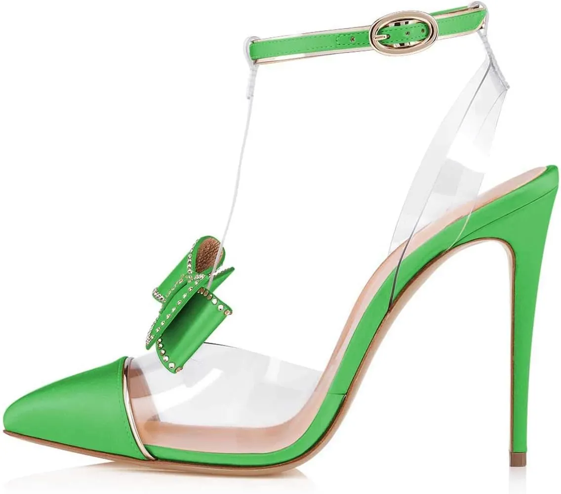 FSJ Women Clear T Strap Pointed Toe Stiletto High Heels Dress Pumps Sandals with Rhinestone Studded Bows Size 4-15 US