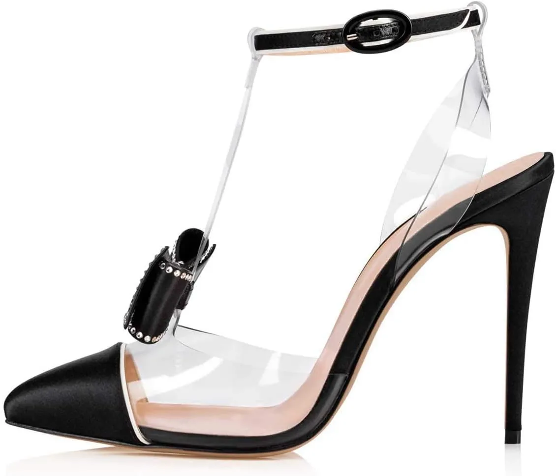 FSJ Women Clear T Strap Pointed Toe Stiletto High Heels Dress Pumps Sandals with Rhinestone Studded Bows Size 4-15 US
