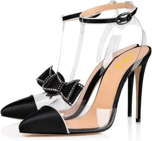 FSJ Women Clear T Strap Pointed Toe Stiletto High Heels Dress Pumps Sandals with Rhinestone Studded Bows Size 4-15 US