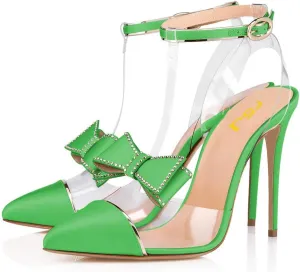 FSJ Women Clear T Strap Pointed Toe Stiletto High Heels Dress Pumps Sandals with Rhinestone Studded Bows Size 4-15 US