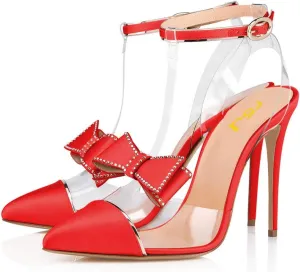 FSJ Women Clear T Strap Pointed Toe Stiletto High Heels Dress Pumps Sandals with Rhinestone Studded Bows Size 4-15 US