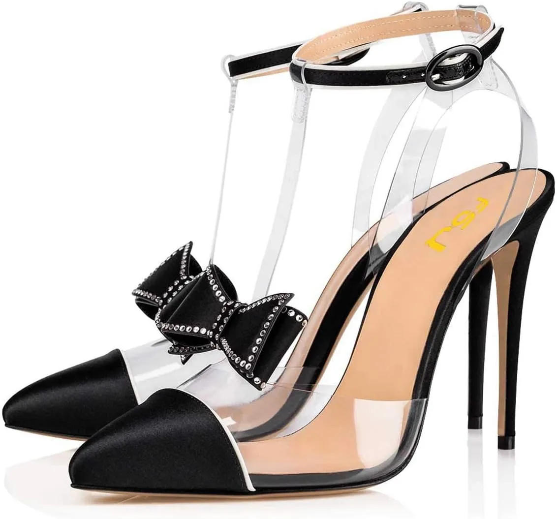 FSJ Women Clear T Strap Pointed Toe Stiletto High Heels Dress Pumps Sandals with Rhinestone Studded Bows Size 4-15 US