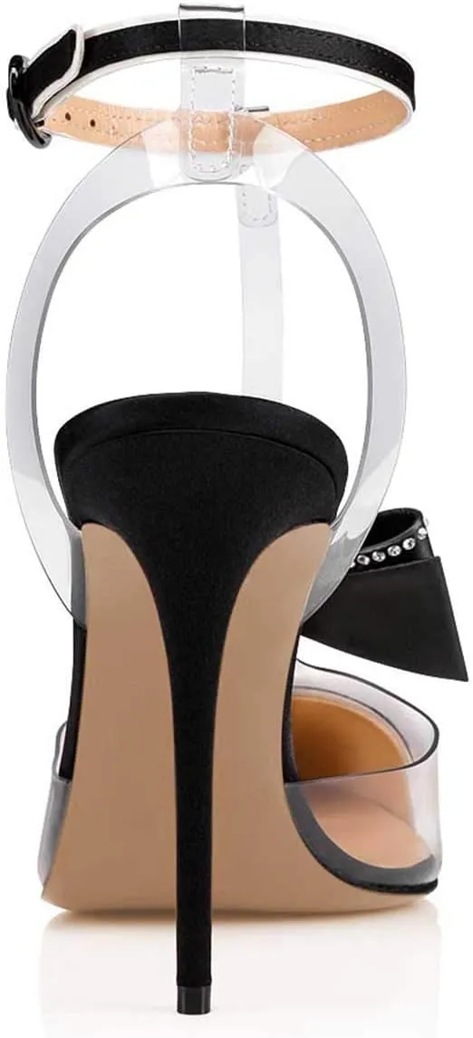 FSJ Women Clear T Strap Pointed Toe Stiletto High Heels Dress Pumps Sandals with Rhinestone Studded Bows Size 4-15 US