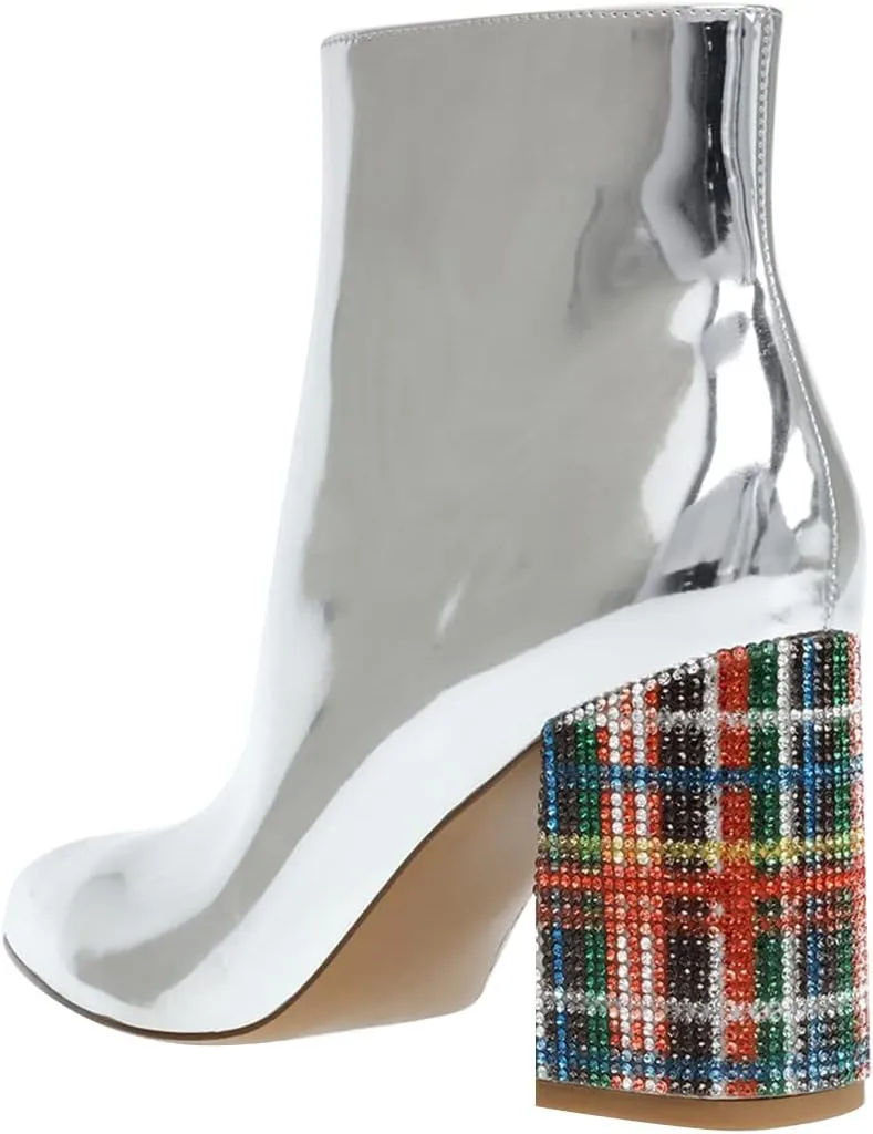 FSJ Women Fashion Pointed Toe Ankle Boots Rhinestone Studded Block Stacked Chunky Heel Comfy Side Zipper Booties Size US 4-15