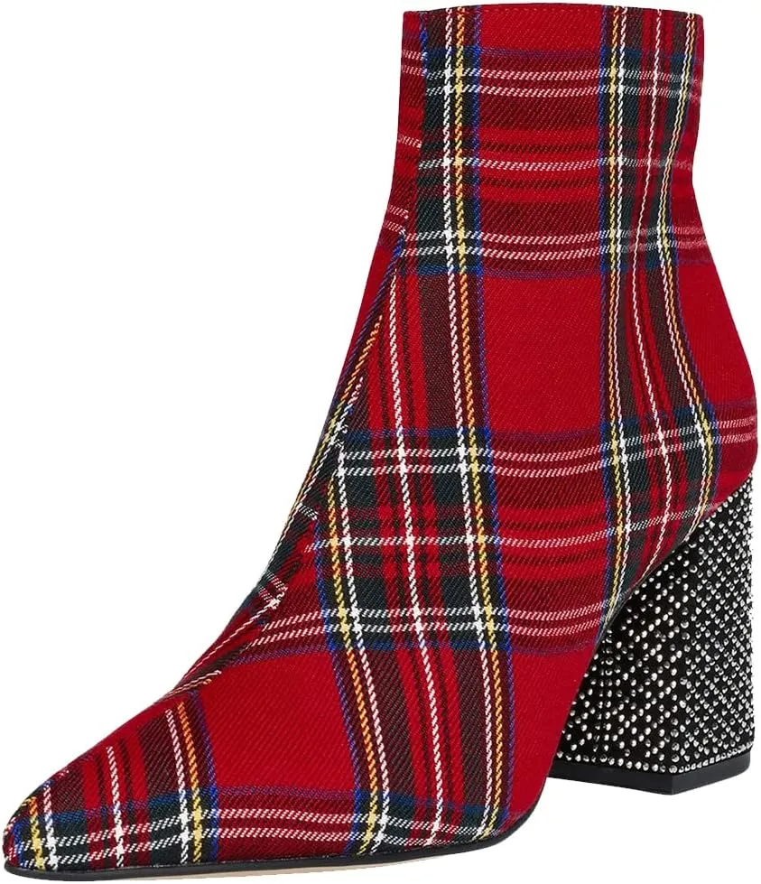 FSJ Women Fashion Pointed Toe Ankle Boots Rhinestone Studded Block Stacked Chunky Heel Comfy Side Zipper Booties Size US 4-15
