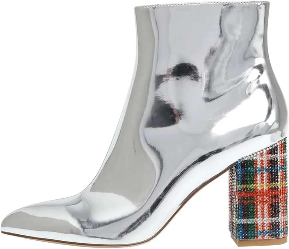 FSJ Women Fashion Pointed Toe Ankle Boots Rhinestone Studded Block Stacked Chunky Heel Comfy Side Zipper Booties Size US 4-15