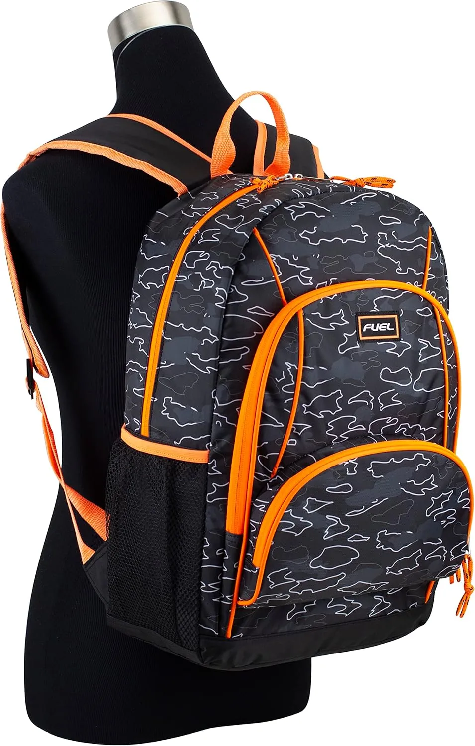 FUEL Laptop Backpack, Multipurpose Casual Daypack, Triple Compartments Bookbag for College, Hiking, Work, 18 Inches, Camo Outline