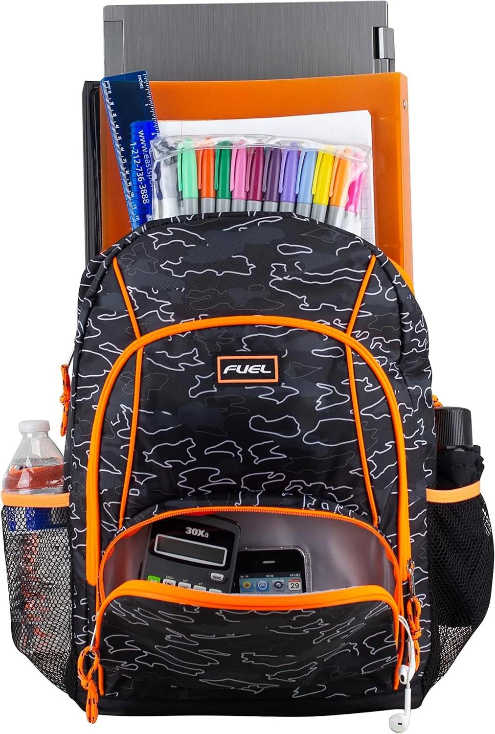 FUEL Laptop Backpack, Multipurpose Casual Daypack, Triple Compartments Bookbag for College, Hiking, Work, 18 Inches, Camo Outline